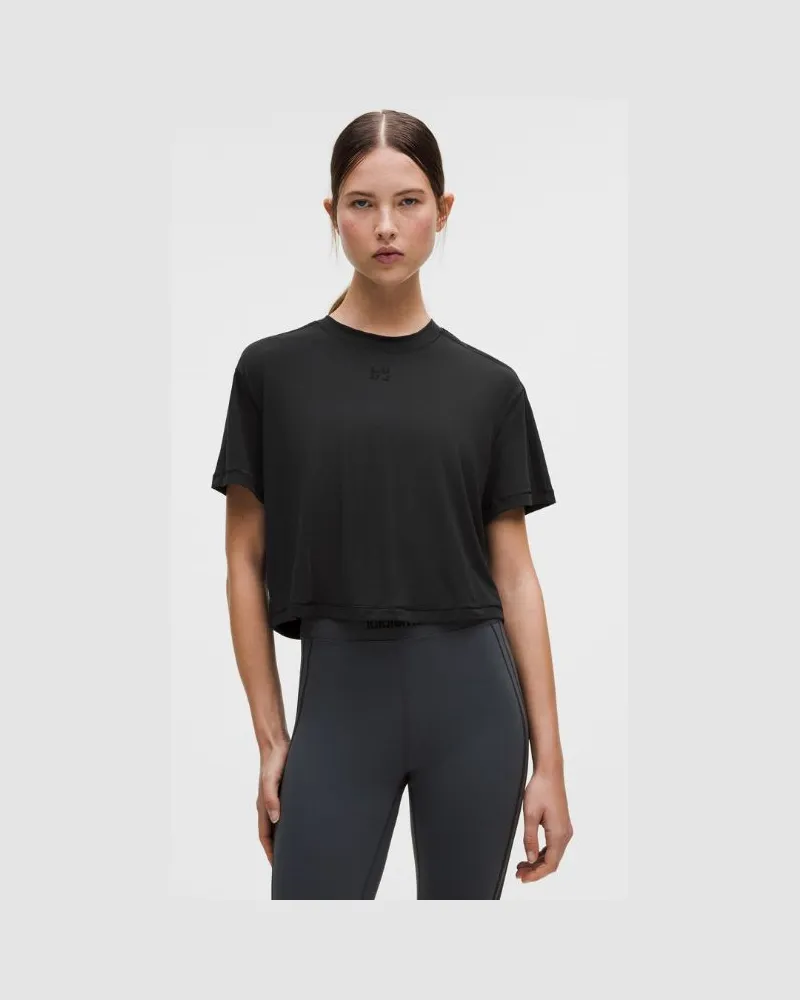 LULULEMON Crop-Kurzarmshirt aus Jersey Beflockt für Frauen – Größe in Black Black