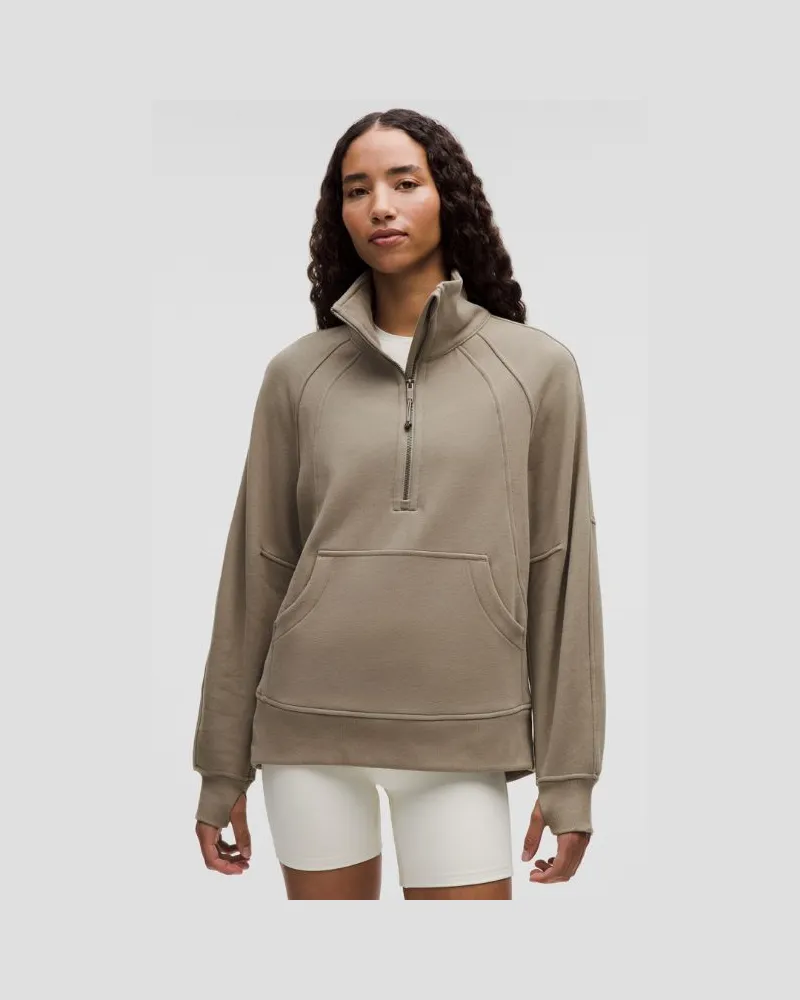 LULULEMON Scuba Oversized-Pullover mit Trichterkragen und halblangem Reißverschluss Lang für Frauen – Khaki – Größe Warm