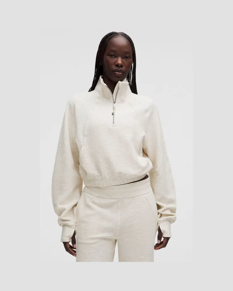 LULULEMON Scuba-Crop-Sweatshirt mit Trichterkragen und halblangem Reißverschluss Waffelstrick für Frauen – Größe in Heathered Light Ivory Heathered