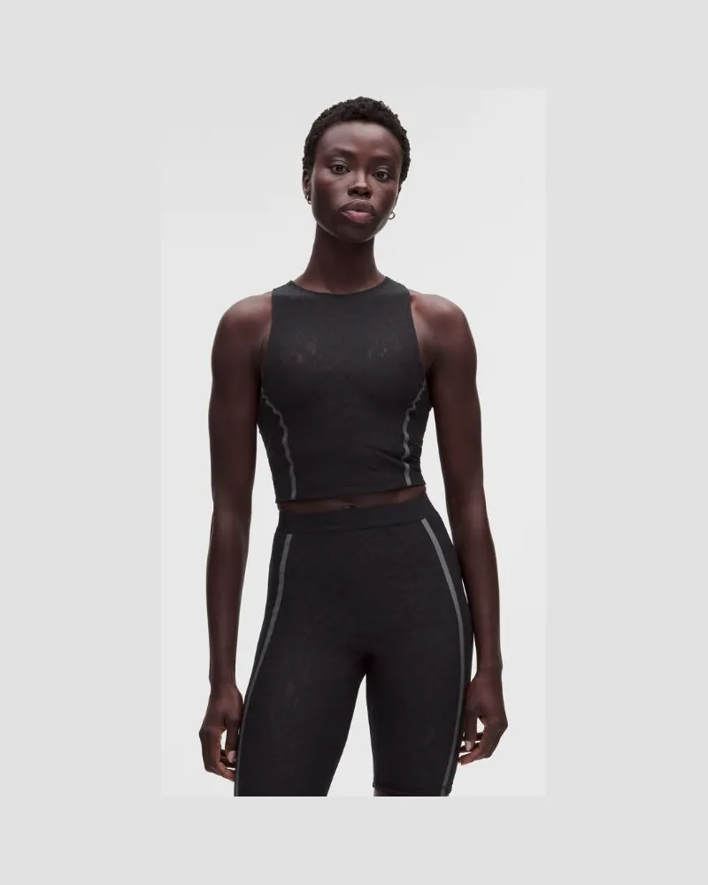 LULULEMON Crop-Tanktop mit Spitzen-Overlay für Frauen – Größe in Schwarz/Onyx Grey Schwarz