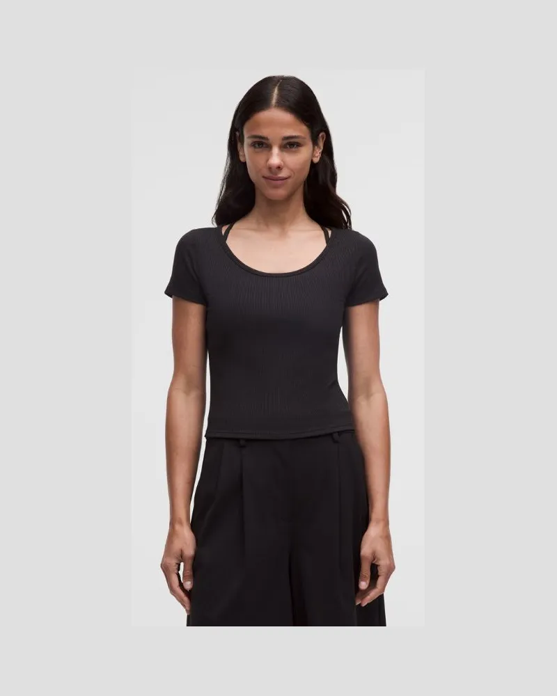 LULULEMON Hold Tight T-Shirt mit Mikrorippenstruktur und überkreuztem Design hinten für Frauen – Größe in Schwarz Schwarz