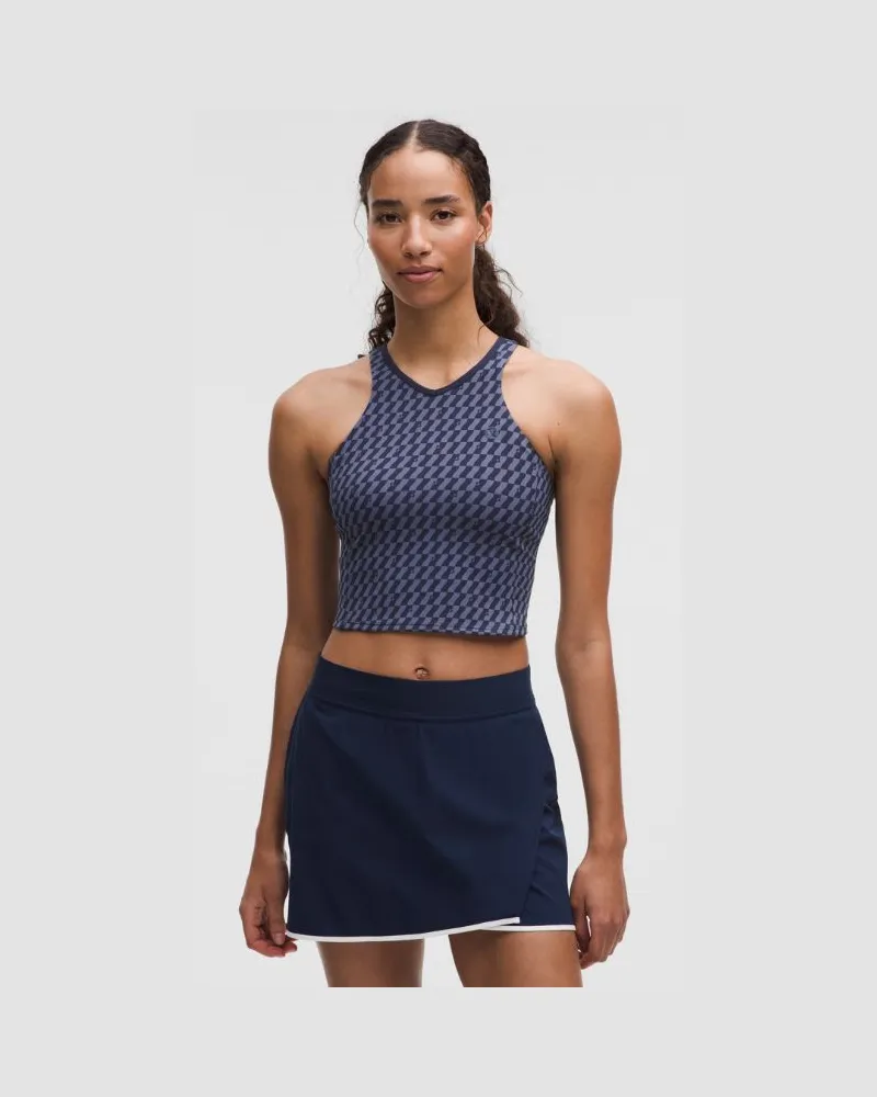LULULEMON Kurzes Tennis-Tanktop mit V-Ausschnitt für Frauen – Größe in Hilltop Checkerboard Shade Club Blue Hilltop