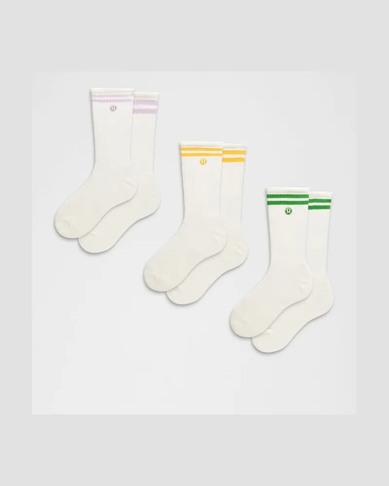LULULEMON Daily Essential Unisex Crew-Socken 3er-Pack Gestreift – Größe in Coconut Ivory/Lilac Play/Chameleon Coconut