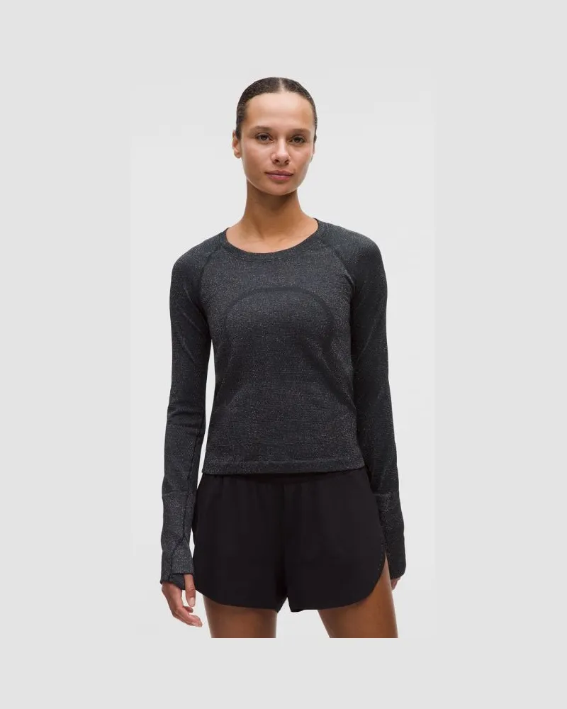 LULULEMON Swiftly Tech Langarmshirt 2.0 in Taillenlänge Glänzend für Frauen – Größe in Black/Rainbow Lurex Black