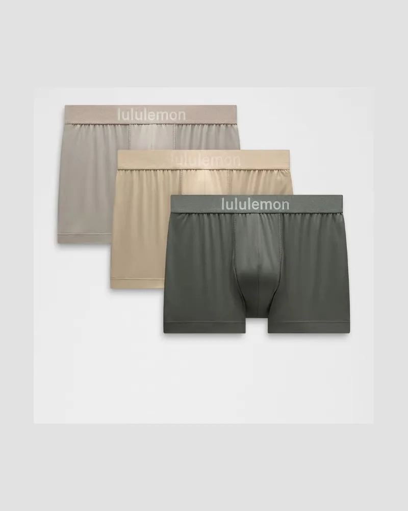 LULULEMON Softe, stretchige Boxershorts 3er-Pack für Männer – 8 cm – Größe in Palm Deco/Warm Ash Grey/Sheer Oak Palm