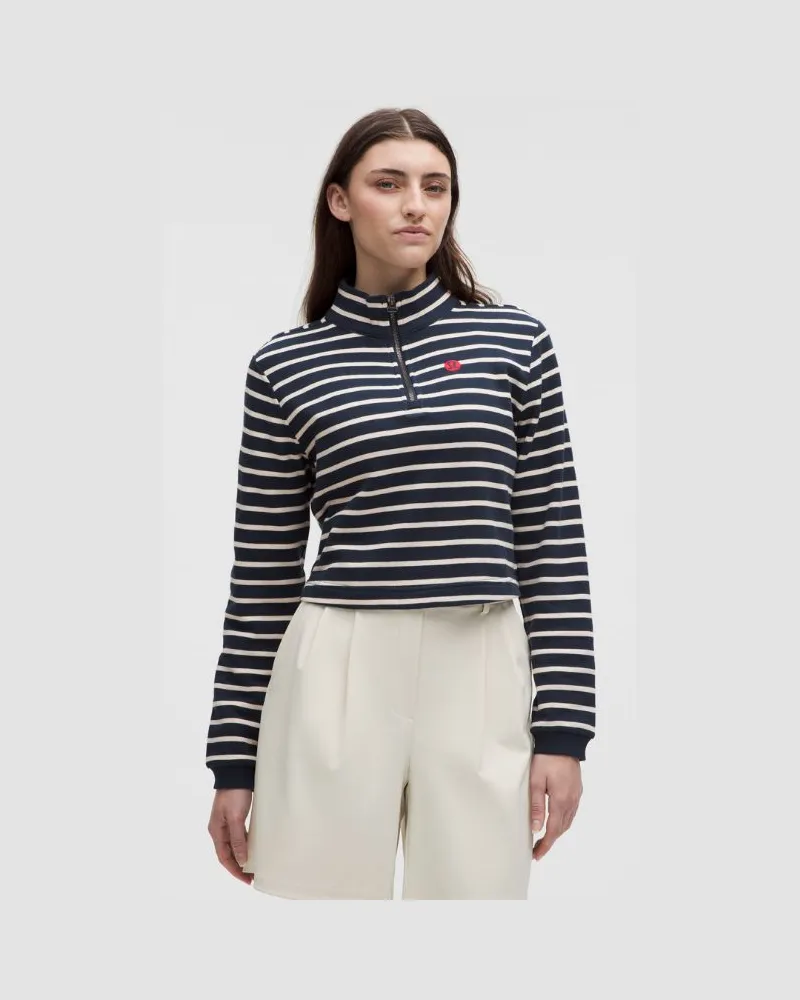 LULULEMON Crop-Top aus French-Terry-Baumwollmaterial mit halblangem Reißverschluss für Frauen – Größe in Yachtie Stripe Club Blue Light Ivory Yachtie