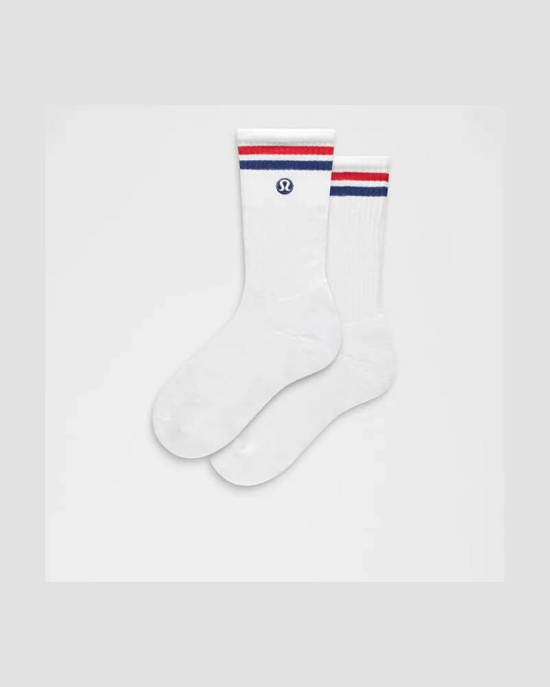 LULULEMON Unisex Daily Essential Crew-Socken Gestreift – Größe in White/Oxford Red/Clubhouse Blue White