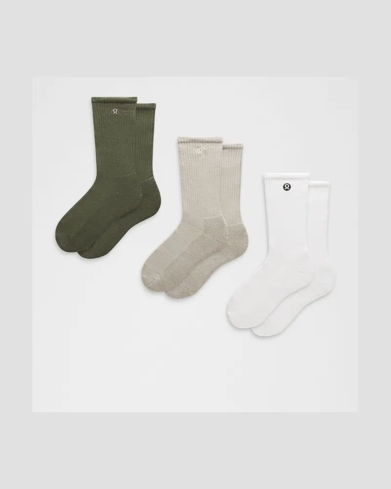 LULULEMON Daily Essential Crew-Socken Unisex 3er-Pack – Größe in Sassy Sage/Hailstone Grey/White Sassy