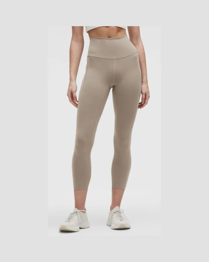 LULULEMON Wunder Train Crop Leggings mit hohem Bund und Taschen für Frauen – 58 cm – Khaki – Größe Warm