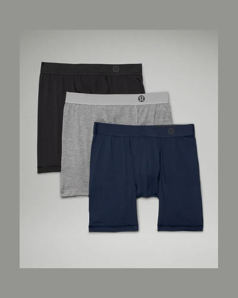 LULULEMON Always In Motion Lange Boxershorts mit Hosenschlitz 3er-Pack für Männer – 18 cm – Größe in Black/Heathered Core Medium Grey/True Navy Black
