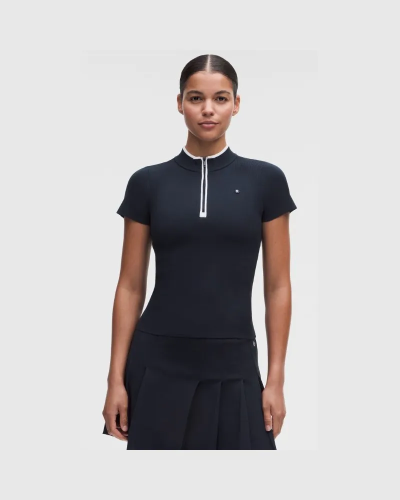 LULULEMON Golf-Strickkurzarmshirt mit Mockneck für Frauen – Größe in True Navy/Weiß True