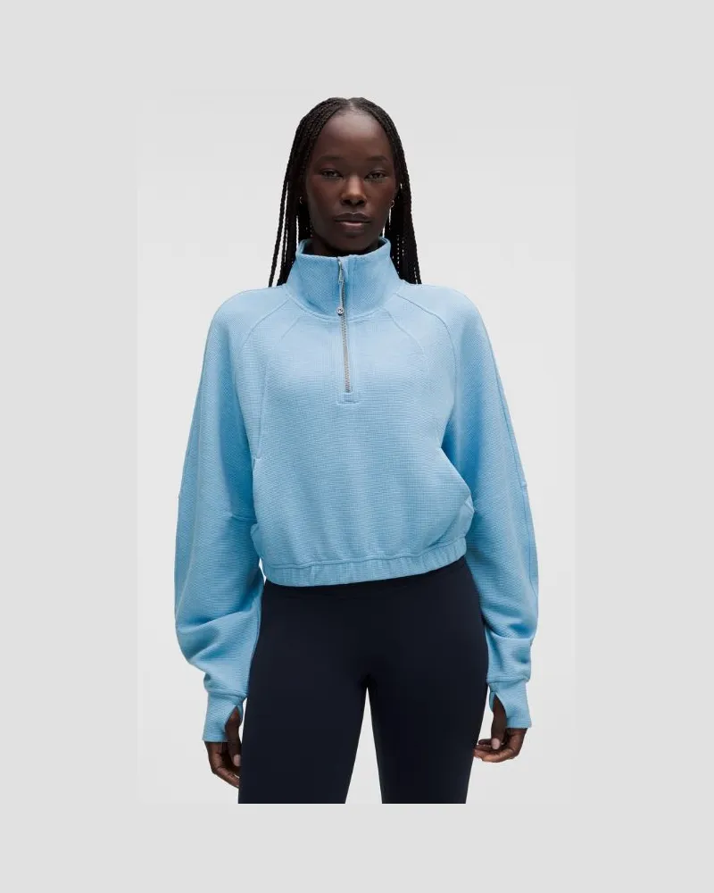 LULULEMON Scuba-Crop-Sweatshirt mit Trichterkragen und halblangem Reißverschluss Waffelstrick für Frauen – Größe in Heathered Dreamy Blue Heathered
