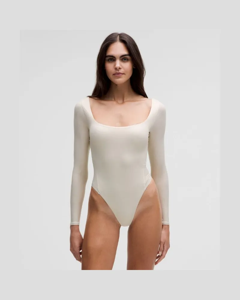 LULULEMON Wundermost Ultraweicher Langarmbody mit eckigem Ausschnitt aus Nulu Glanz für Frauen – Größe in Luxe Shine Foil Print Bone Luxe