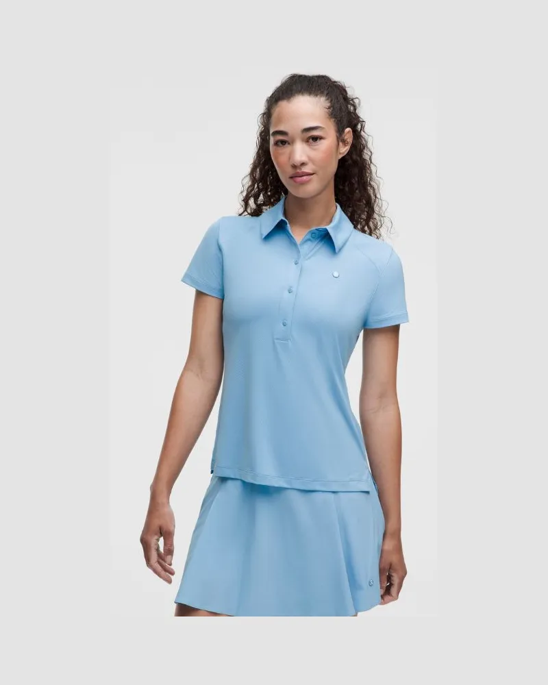 LULULEMON Schnelltrocknendes Kurzarm-Poloshirt mit geradem Saum Logo für Frauen – Größe in Dreamy Blue Dreamy