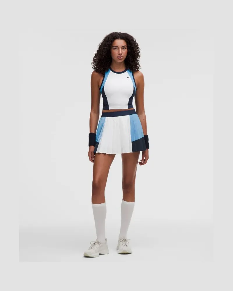 LULULEMON Court Champ Tennisrock mit Falten und hohem Bund für Frauen – Größe in White/Ocean Wave/Club Blue White