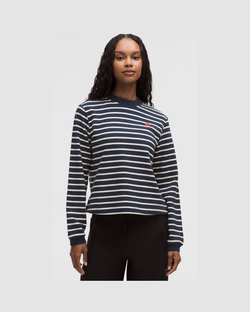 LULULEMON Rundhalspullover aus French-Terry-Baumwollmaterial für Frauen – Größe in Yachtie Stripe Club Blue Light Ivory Yachtie