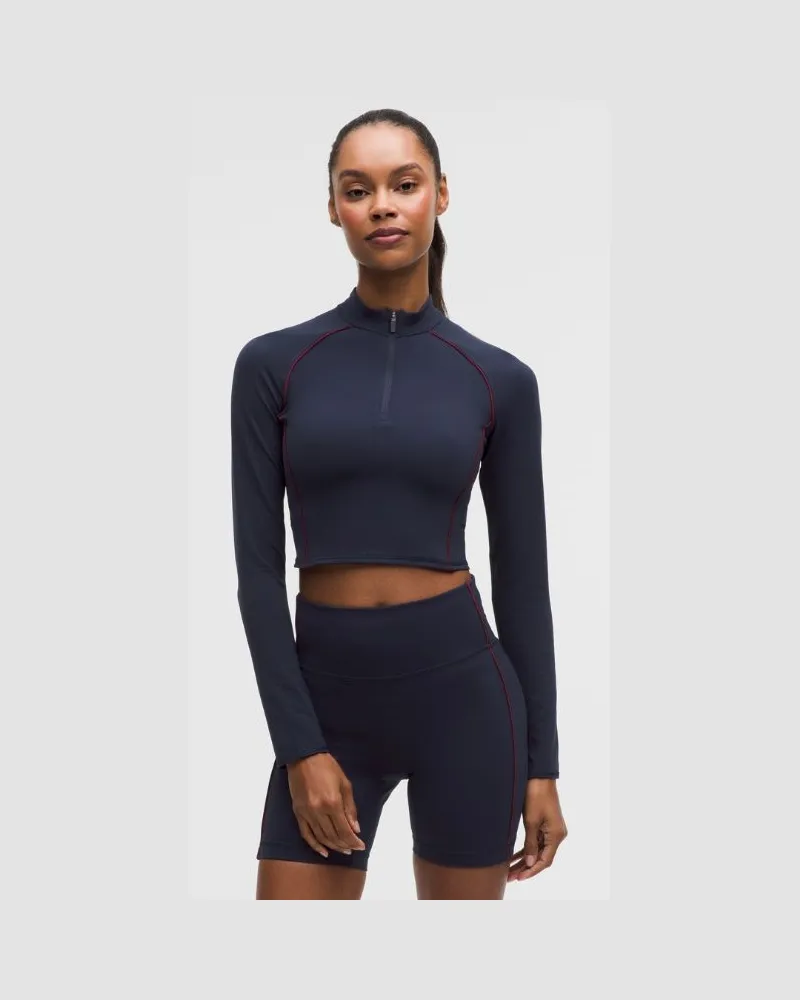 LULULEMON Wunder Train Cropped Long-Sleeve Half Zip für Frauen – Größe in True Navy/Burgundy Bay True