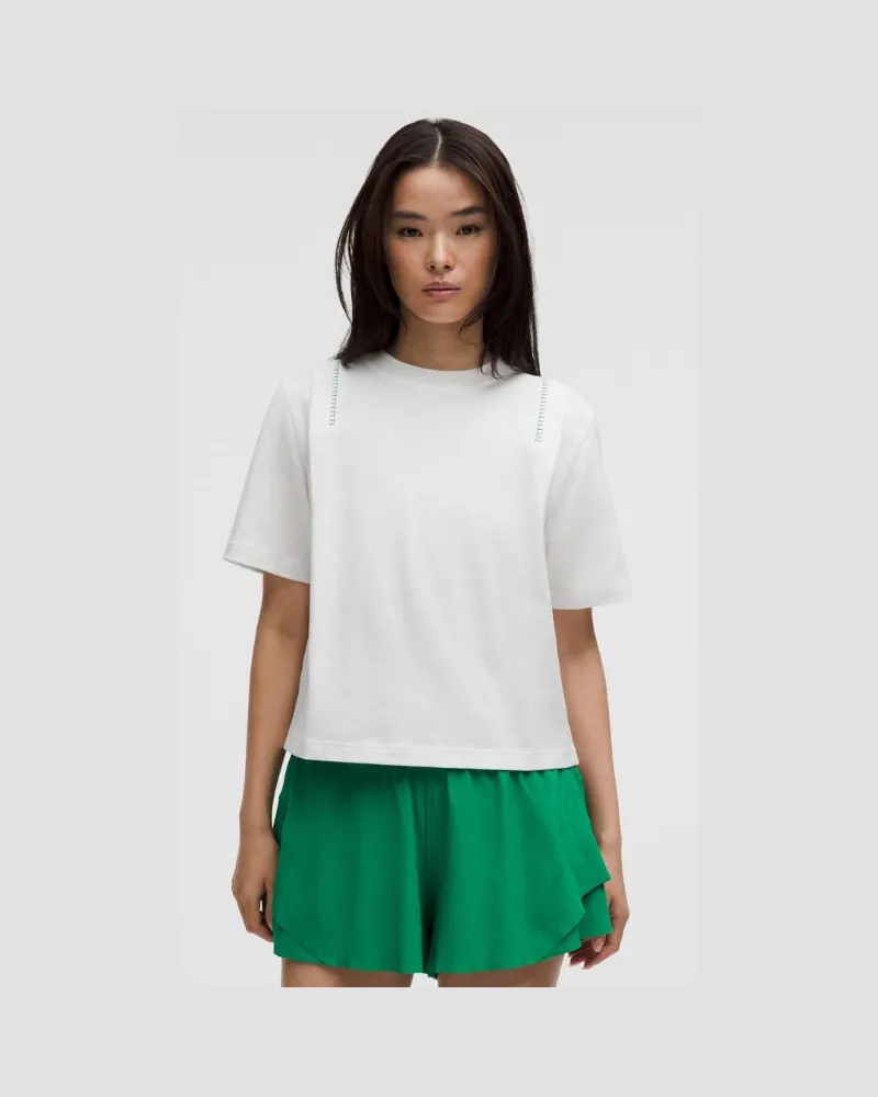 LULULEMON T-Shirt aus Baumwoll-Jersey mit Ziernaht für Frauen – Größe in White/Raceway Green White