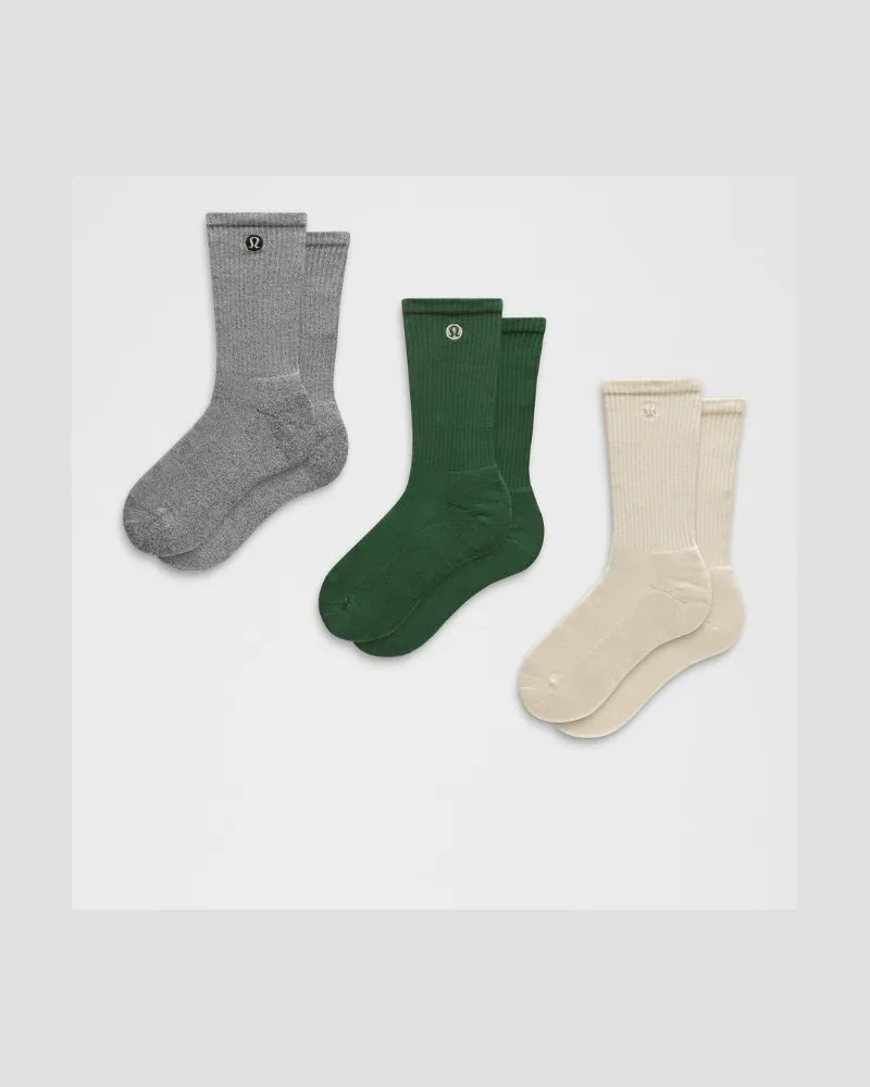 LULULEMON Daily Essential Crew-Socken Unisex 3er-Pack – Größe in Light Ivory/Heathered Core Light Grey/Ivy Grove Light