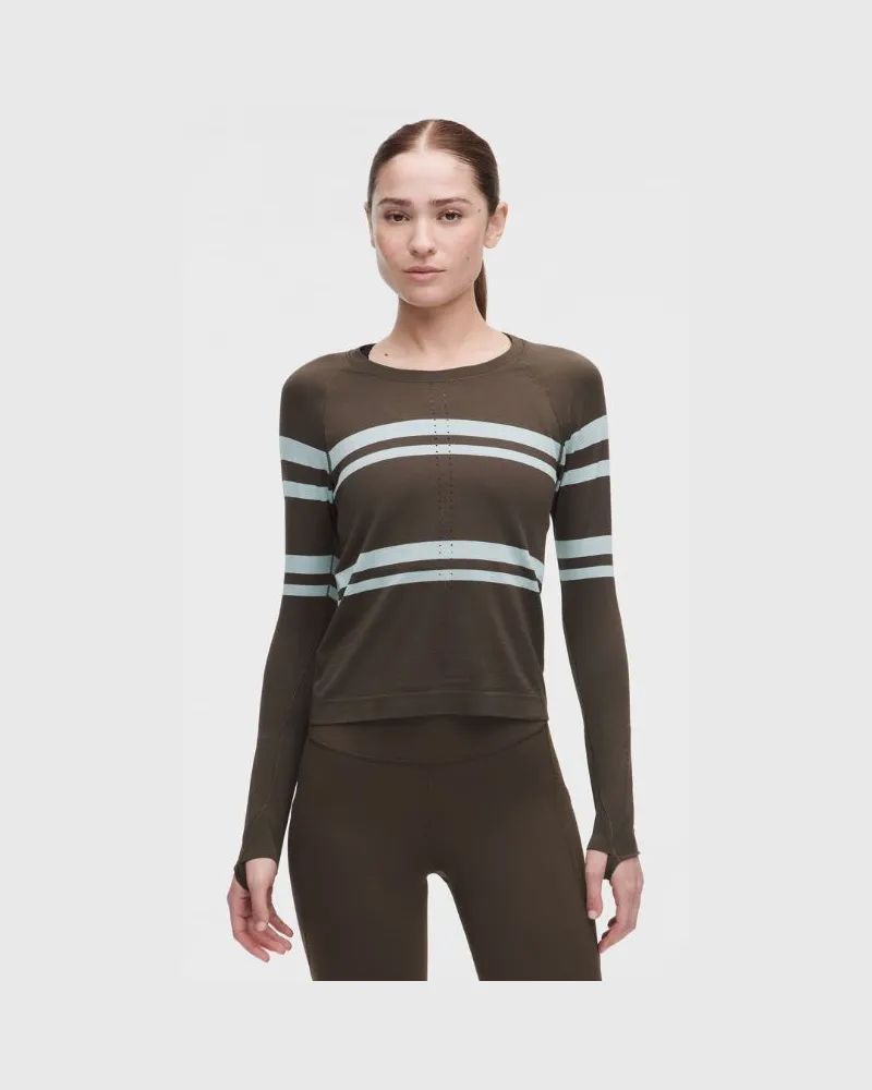 LULULEMON Swiftly Tech Langarmshirt 2.0 in Taillenlänge Streifen für Frauen – Größe in League Stripe Walnut Crunch/Foam Cloud League