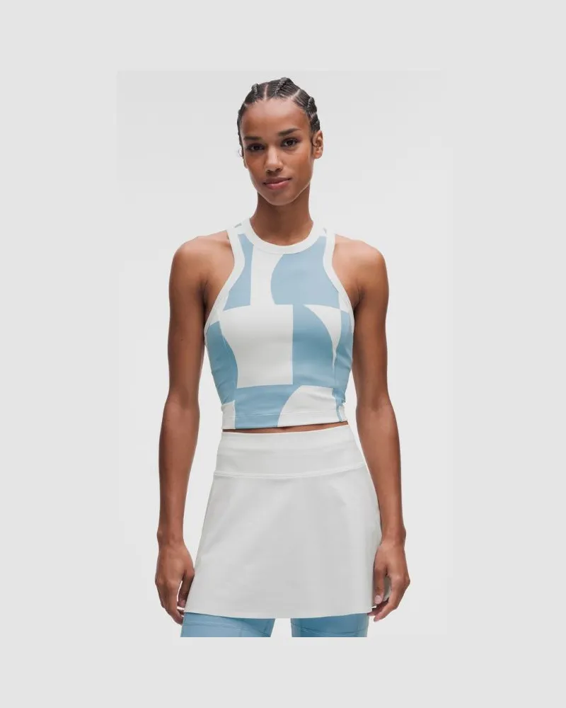LULULEMON Hochgeschlossenes Tennis-Tanktop mit Racerback Besatz für Frauen – Größe in Lido Geo White Dreamy Blue/Weiß Lido