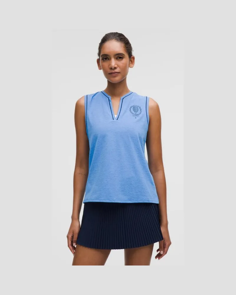 LULULEMON Tennistanktop mit V-Ausschnitt Grafik für Frauen – Größe in Pool Party/Club Blue Pool