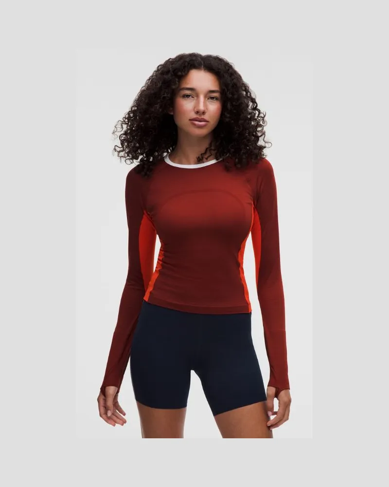 LULULEMON Swiftly Tech Langarmshirt 2.0 in Taillenlänge Colorblocking für Frauen – Größe in Cranberry Charm/Cherry Ember/White Cranberry