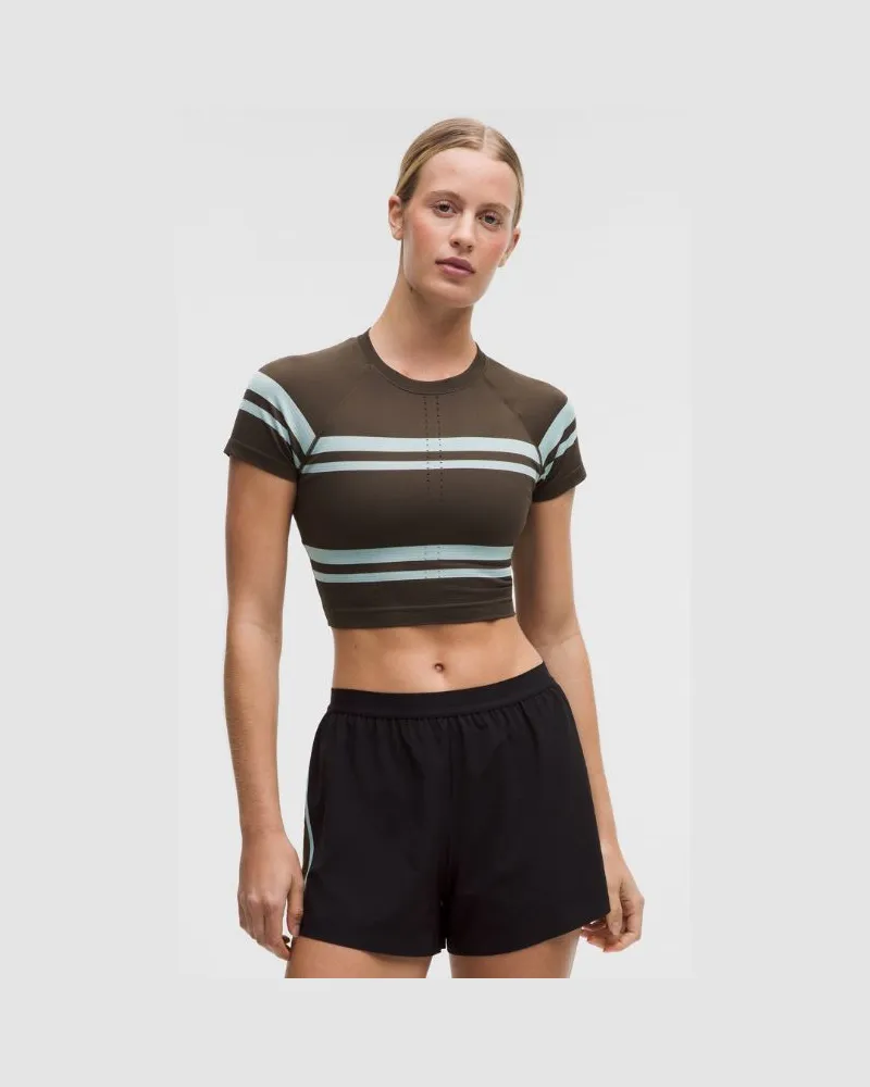 LULULEMON Swiftly Tech Crop-Kurzarmshirt 2.0 Streifen für Frauen – Größe in League Stripe Walnut Crunch/Foam Cloud League