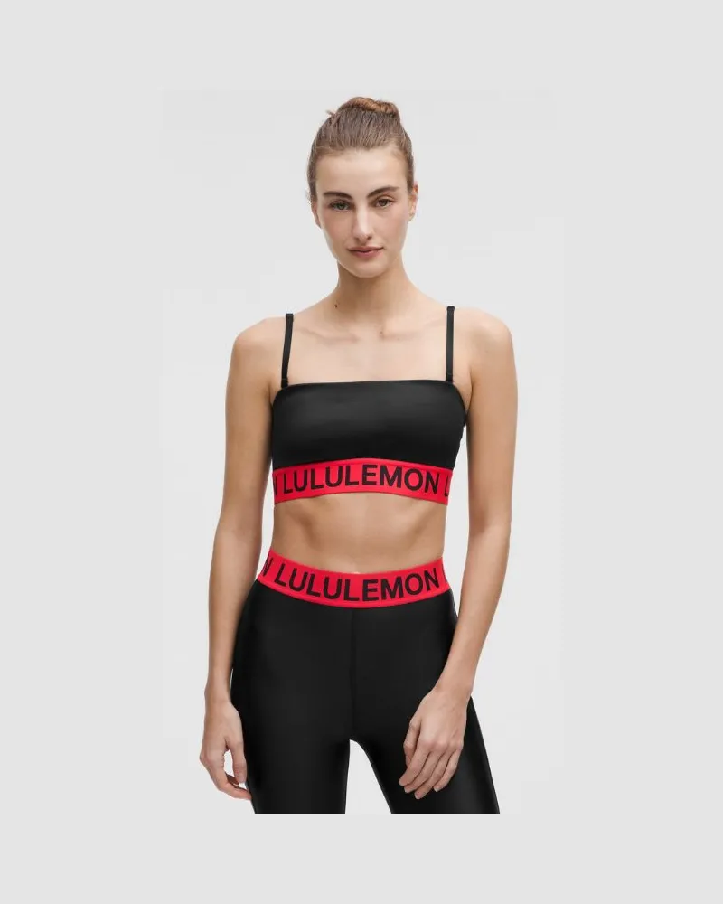 LULULEMON Trainings-BH mit Logo aus Material mit Satinschimmer Leichter Halt für A/B-Cups für Frauen – Größe in Black/Red Glow Black