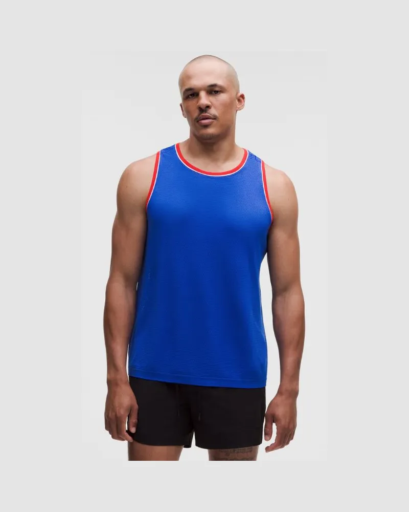 LULULEMON Metal Vent Tech Tanktop Ringer-Details für Männer – Größe in Beach Ball Blue Beach