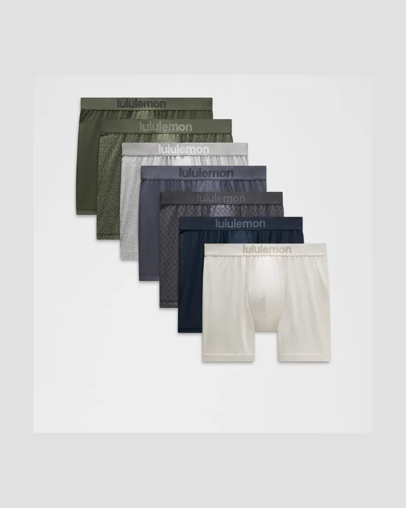 LULULEMON Always In Motion-Boxershorts 7er-Pack für Männer – 13 cm – Größe in Bone/Stamp Dot Mini Willow Green Sassy Sage/Dusty Diamond Bone