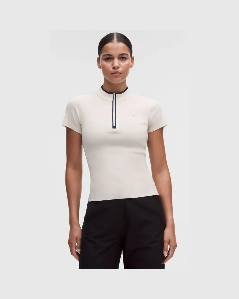 LULULEMON Golf-Strickkurzarmshirt mit Mockneck für Frauen – Größe in Light Ivory/True Navy Light