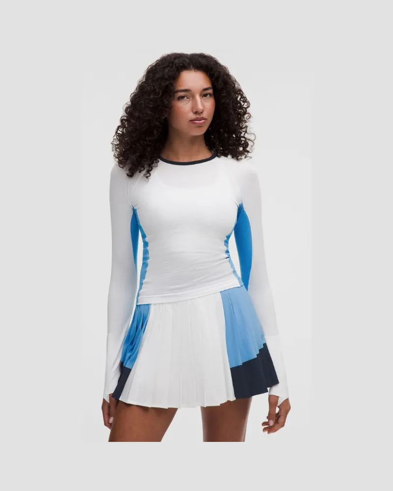 LULULEMON Swiftly Tech Langarmshirt 2 in Taillenlänge Colorblocking für Frauen – Größe in White/Ocean Wave/True Navy White