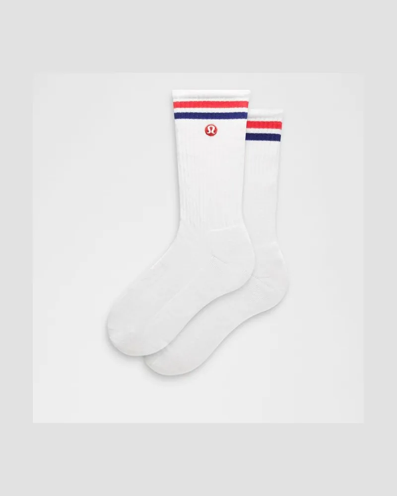 LULULEMON Unisex Daily Essential Crew-Socken Gestreift – Größe in White/Lulu Red/Deep Sea Blue White