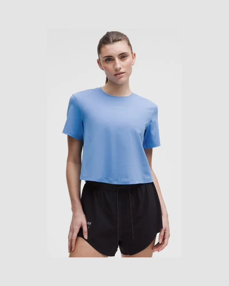 LULULEMON Pace Crush T-Shirt mit überkreuzter Rückseite und Grafik für Frauen – Größe in Pool Party Pool