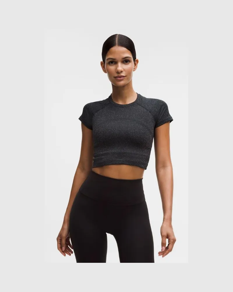 LULULEMON Swiftly Tech Cropped Short-Sleeve Shirt 2.0 Sparkle für Frauen – Größe in Black/Rainbow Lurex Black
