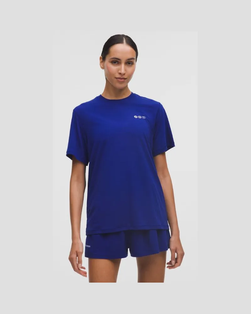 LULULEMON Trainings-Kurzarmshirt aus Jersey Grafik für Frauen – Größe in Deep Sea Blue Deep
