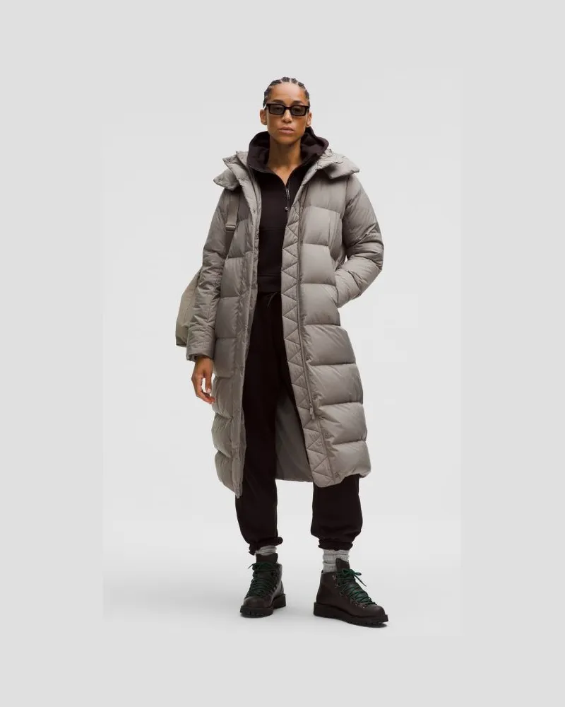 LULULEMON Lange Puffer-Jacke mit Füllkraft 600 für Frauen – Khaki – Größe Warm
