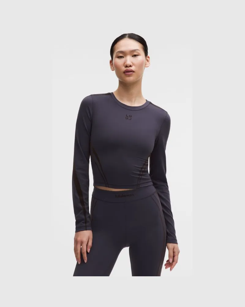 LULULEMON Wunder Train Crop-Langarmshirt Beflockt für Frauen – Größe in Coal/Graphite Grey Coal