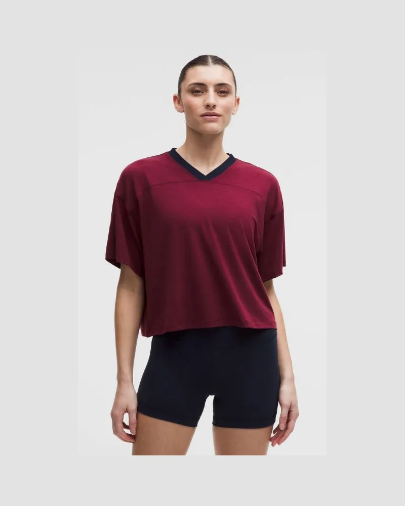 LULULEMON Jersey Training V-Neck T-Shirt für Frauen – Größe in Burgundy Bay/True Navy Burgundy