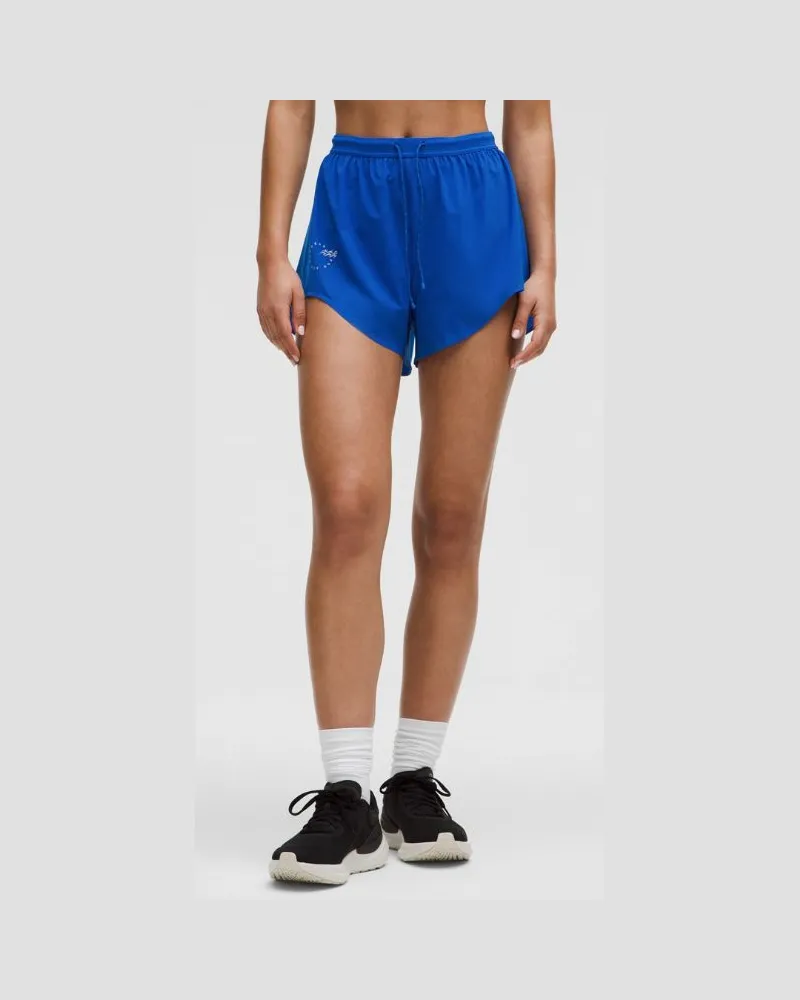 LULULEMON Mile Maker Run Crew Gewebte Shorts mit hohem Bund und Grafik für Frauen – 8 cm – Größe in Galactic Cobalt Galactic