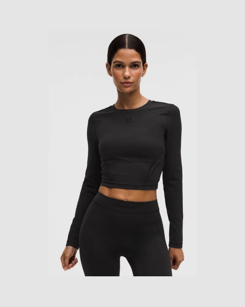 LULULEMON Wunder Train Crop-Langarmshirt Beflockt für Frauen – Größe in Black Black