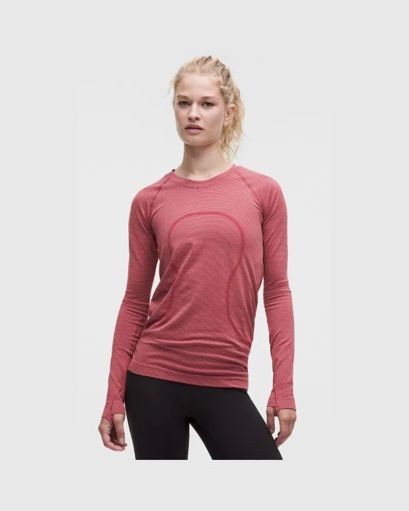 LULULEMON Swiftly Tech Langarmshirt 2.0 Hüftlänge für Frauen – Größe in Spandex Stripe Rocket Red/Light Ivory Spandex