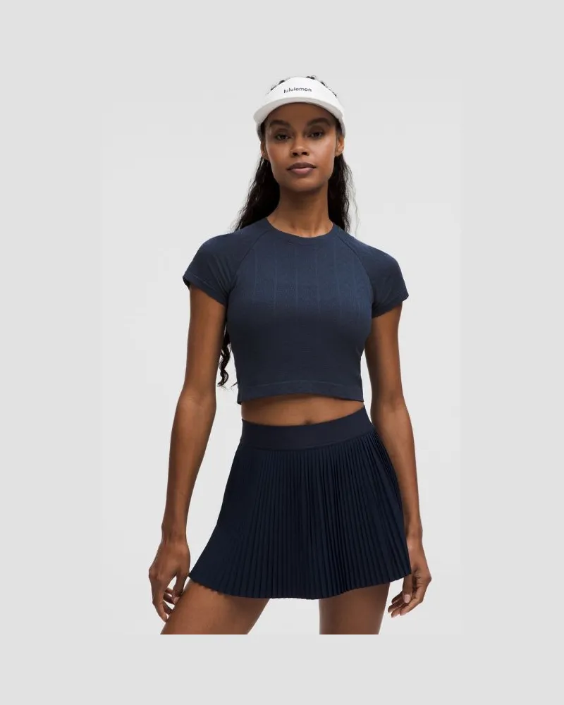 LULULEMON Swiftly Pointelle Crop-Kurzarmshirt für Frauen – Größe in Herringbone Dot Club Blue Herringbone