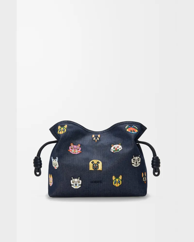 Loewe Cats Medium Flamenco Clutch In Embroidered Denim Mujer Blue