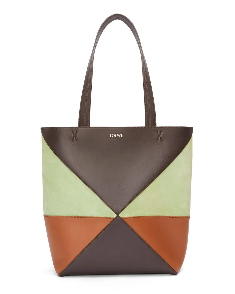 Loewe Luxury Medium Puzzle Fold tote in calfskin and suede Chocolate