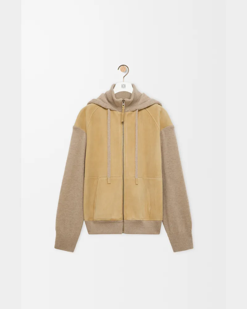 Loewe Hybrid Zip-up Hoodie In Suede And Wool Blend Size Hombre Beige