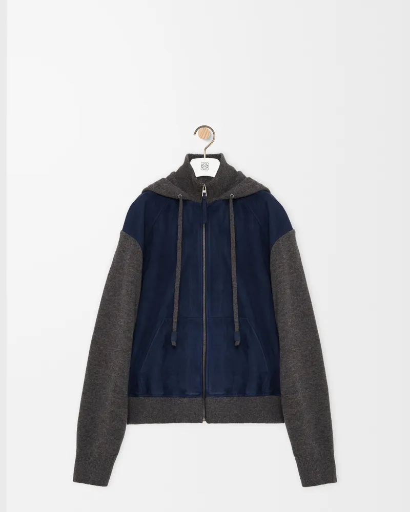Loewe Hybrid Zip-up Hoodie In Suede Goatskin And Wool Blend Size Hombre Navy