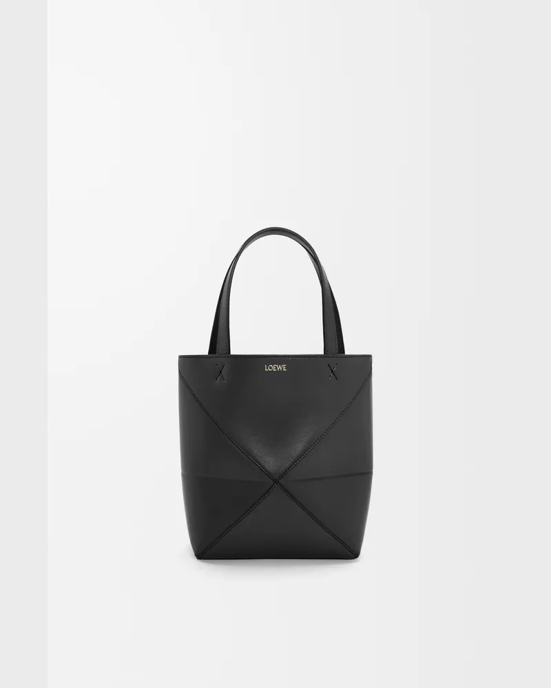 Loewe Mini Puzzle Fold Tote In Shiny Leather skin Mujer Black