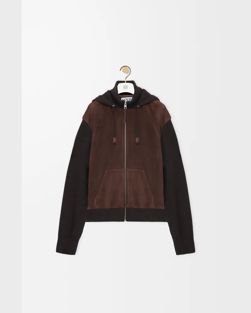Loewe Hybrid Zip-up Hoodie In Suede Goatskin And Wool Blend Size Hombre Dark